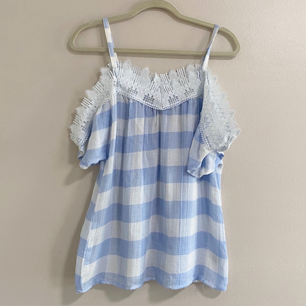 Love Scarlett Blue White Check Cold Shoulder Top Size Small